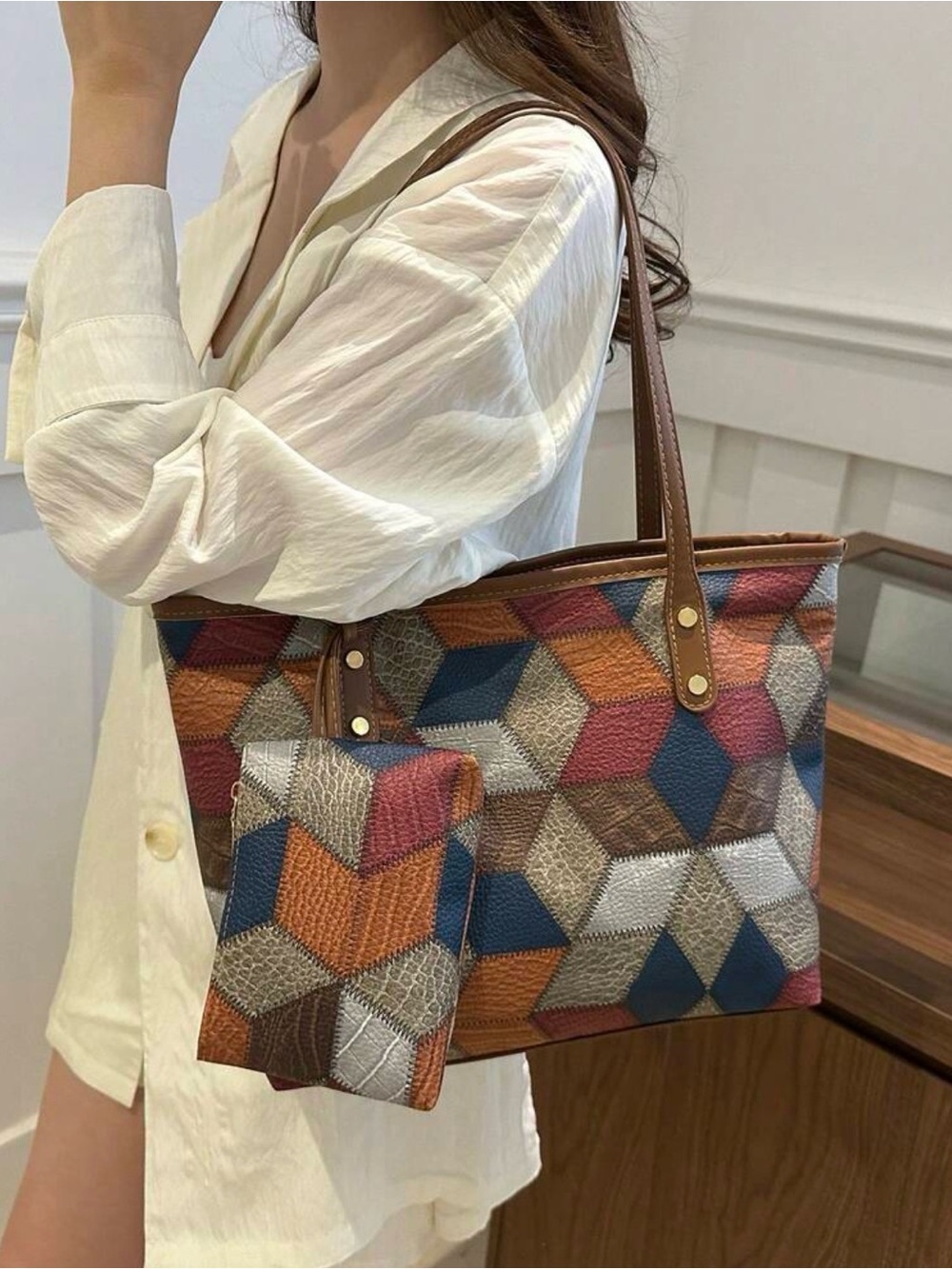 Multicolor Geometric Tote with Matching Wallet - Brown Trim - Picture 2 of 5
